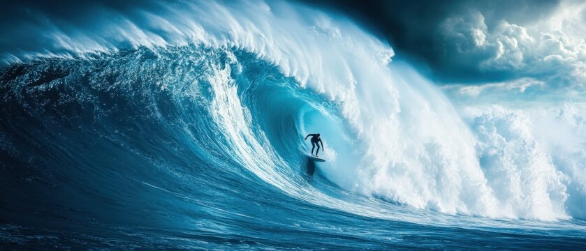 High-impact photo of a surfer riding a massive wave with powerful water splashes and dynamic ocean movement