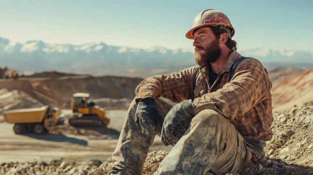 Tired miner taking a break on a mining site with mining equipment and rugged terrain surrounding him and a clear sky above