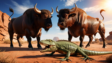 Fototapeta premium Title: Two Imposing Snorting Bulls with Muscular Physique