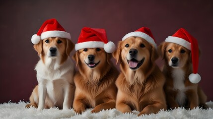 Banner of five dogs celebrating Christmas holidays wearing a red Santa Claus hat