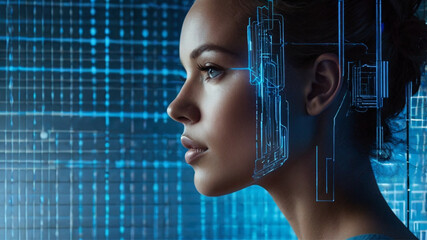 Girl, facial profile, looking at a futuristic interface with digital graphics and lines. Dark surroundings with blue lighting create a high-tech atmosphere.