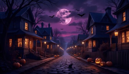 Fototapeta premium Haunted Village Street at Dusk – Halloween Illustration