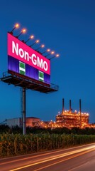 A vibrant non-GMO billboard illuminated at dusk, showcasing a commitment to healthy, organic living amidst industrial surroundings.