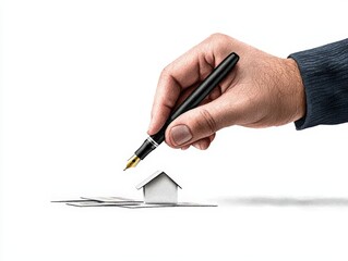 A hand holds a fountain pen above a small paper house, symbolizing home ownership and real estate investment.