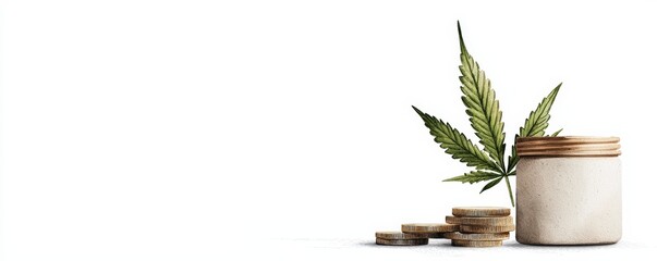 A jar with cannabis leaves and coins symbolizes the growing market for hemp and CBD products in finance and wellness.