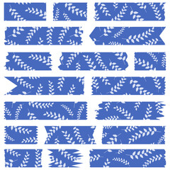 Set of blue washi tapes with leaves pattern isolated on white. Washi tape collection in vector. Pieces of decorative tape for albums. Torn paper