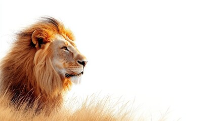 A majestic lion gazes regal from its perch, showcasing its magnificent mane against a bright white background.