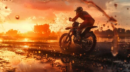 Motocross rider splashes through a river on a muddy dirt track, emphasizing speed, action, and dynamic motion.