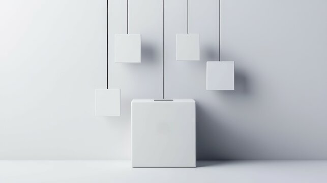 A minimalistic design featuring a box labeled 'B' with hanging squares, ideal for modern art or conceptual themes.