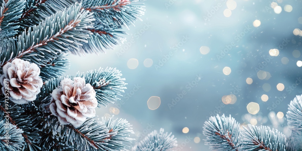 Poster frosted pine cones on evergreen branches with soft blue backgrounds and glimmering bokeh effects for