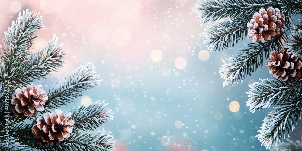 Aufkleber snow-covered pine cones on evergreen branches with bokeh effect creating a winter wonderland atmosph
