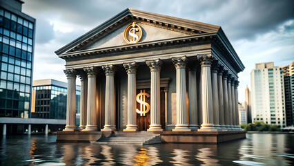 Fototapeta premium Isolated Vector Illustration of a Bank Building with a Floating Dollar Sign on White Background - Emphasizing Financial Security, Profits, and Wealth Management