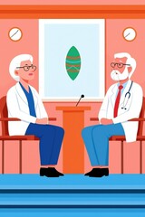 Illustration of two doctors discussing a medical case in an office setting, conveying professionalism and communication.