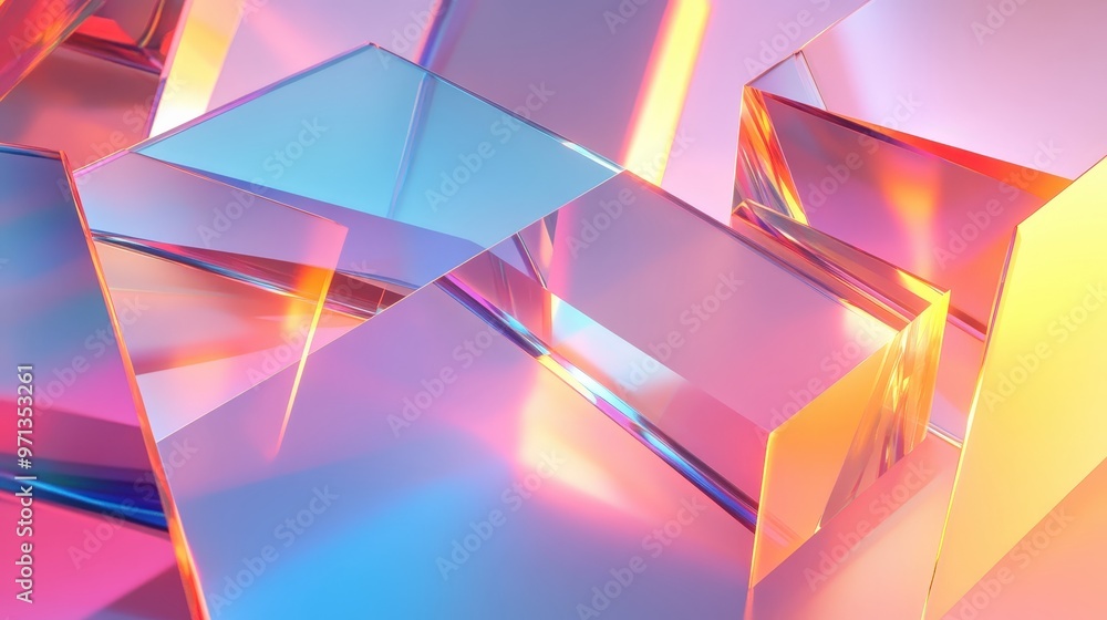 Poster luminous glass geometry - abstract 3d rendering with vibrant reflections and intricate shapes on cle