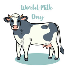 World Milk Day. Cow, milk bottle. Vector flat illustration
