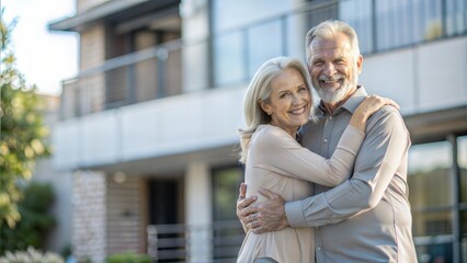 Happy smiling mature older family couple new property buyers modern dream luxury villa owners standing outside house, affectionate senior middle aged man and woman in love hugging outdoor