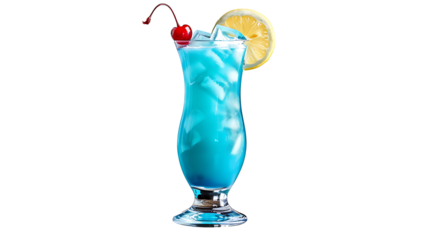Blue Lagoon cocktail with a bright blue liquid, served in a tall glass with a lemon slice and cherry garnish, isolated on a white background