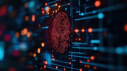 Abstract digital fingerprint pattern with colorful circuits, illustrating cybersecurity and biometric technology concepts.