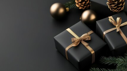 Monochrome Christmas gift set with matte black packaging and subtle gold details, minimal and chic, modern Christmas display, luxury holiday gifts