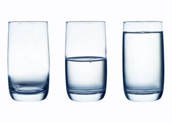 Collection of realistic water glasses isolated on white background. Three realistic water glass