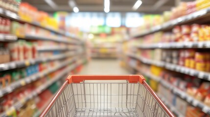 Shopping cart in supermarket and blurred photo store bokeh background