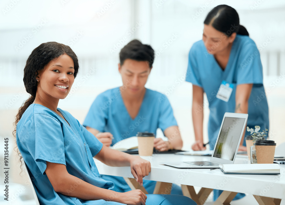 Poster woman, medical student and happy with laptop on teamwork and collaboration for healthcare research. 