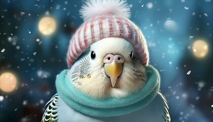 Obraz premium Budgie with winter hat and scarf prepares for winter