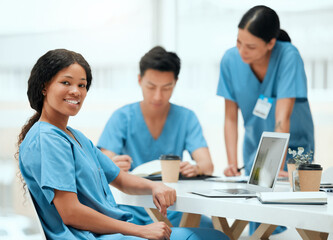 Woman, medical student and happy with laptop on teamwork and collaboration for healthcare research. People, internship program and smile on portrait with statistics for group assignment at clinic