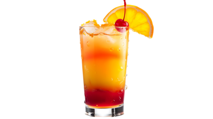 Tequila sunrise with layers of orange and red, garnished with an orange slice and cherry, isolated on a white background