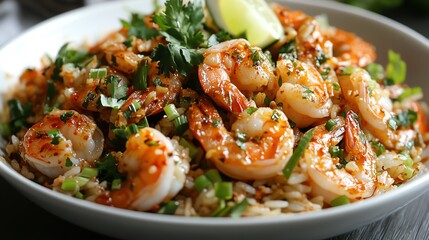 Closeup of spicy Isaanstyle shrimp salad with roasted rice, Isaan shrimp salad, spicy seafood