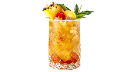 Mai Tai with tropical fruit garnishes, served in a tiki-style glass, vibrant and colorful, isolated on a white background