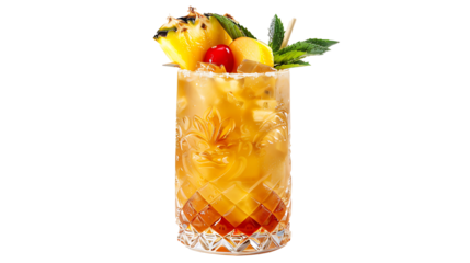 Mai Tai with tropical fruit garnishes, served in a tiki-style glass, vibrant and colorful, isolated on a white background