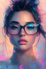 Fototapeta premium A chic woman with oversized, colorful glasses, blowing a pastel pink balloon from chewing gum. She’s facing forward with a joyful emotional expression.