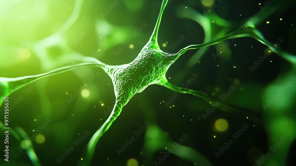 Poster detailed view of a neuron illuminated in green tones, showcasing the intricate structure and connect