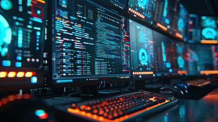 Obraz premium High-tech computer workstations illuminating a modern digital command center at night with vibrant displays and intricate codes