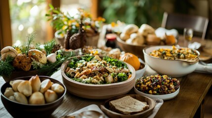 Fototapeta premium A beautifully arranged table featuring various homemade dishes, perfect for gatherings and festive occasions.