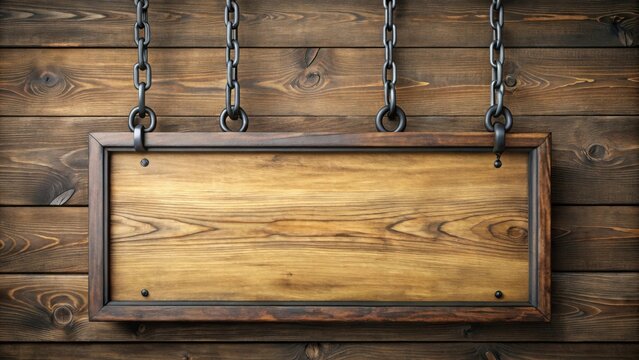 Oblong wooden double sign with dark frame hanging on chains
