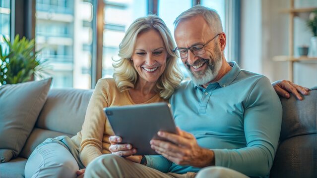Happy middle aged couple using digital tablet relaxing on couch at home. Smiling mature man and woman holding tab browsing internet on pad device sitting on sofa in living room. Authentic candid photo