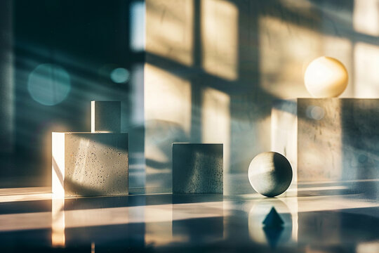 Bold Light and Shadows on Geometric Objects Highlight Modern Design &ndash; Blurred Foreground Elements Create Visual Rhythm, Perfect for Creative Spaces and Design Inspiration