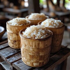 Sticky rice served in a traditional bamboo container Khao Niao, Khao Niao, Isaan staple