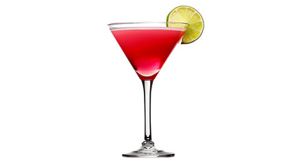 Cosmopolitan with a lime wedge garnish in a cocktail glass, vibrant pink liquid, isolated on a white background