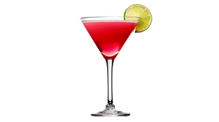 Cosmopolitan with a lime wedge garnish in a cocktail glass, vibrant pink liquid, isolated on a white background