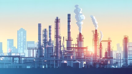 Obraz premium Industrial skyline with smokestacks at sunset.