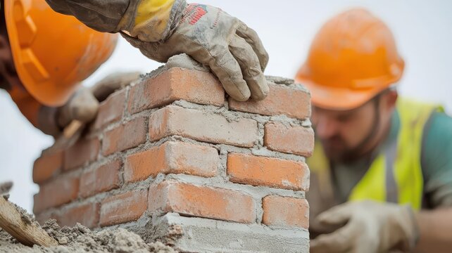 Building a brick chimney, masons constructing the chimney of a new home, Construction process, masonry work
