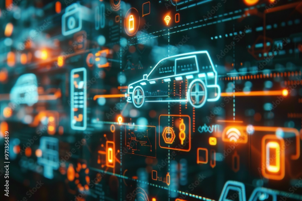 Poster futuristic digital interface featuring car icons with glowing elements on a dark background