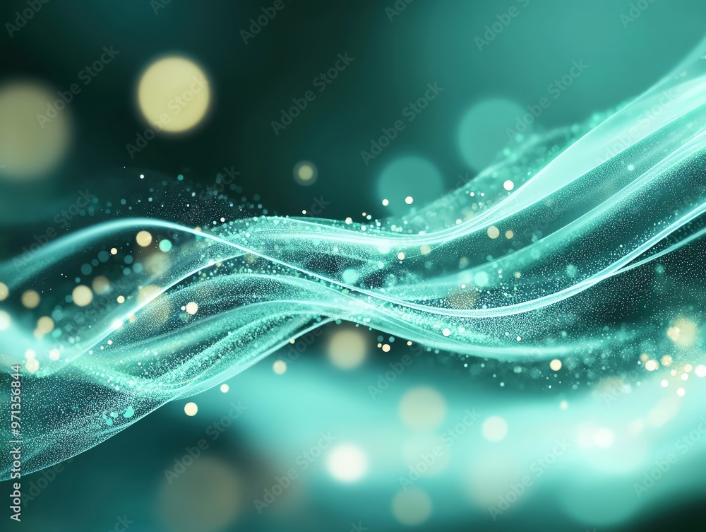 Poster Flowing waves of soft turquoise light with sparkling bokeh create an enchanting and tranquil atmosphere.