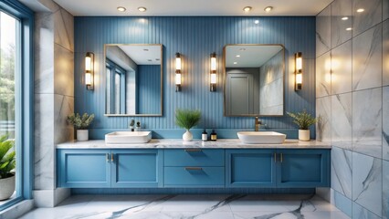 Modern bathroom interior with blue double vanity, sleek design, luxury fixtures, stylish decor, marble countertops, contemporary aesthetic, spa-like atmosphere, elegant lighting, c