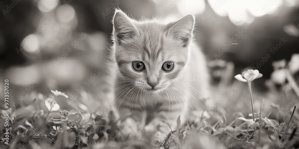 Poster a kitten is standing in a field of grass. the kitten is looking at the camera with its eyes wide ope