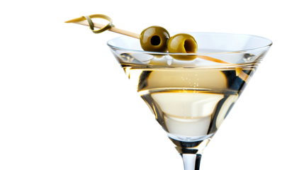 Martini with a green olive on a toothpick, in a sleek glass, isolated on a white background