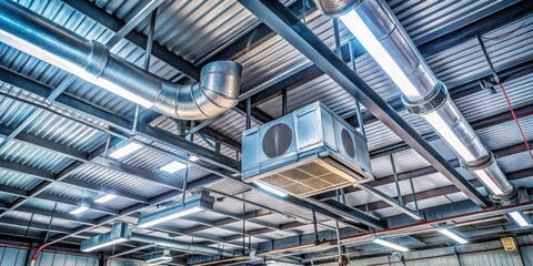 Air handling unit on ceiling with industrial feel, lights and pipes under tin roof